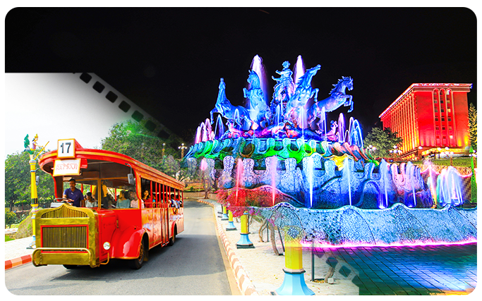 Cinematic journey through Ramoji Film City on a vintage studio tour bus